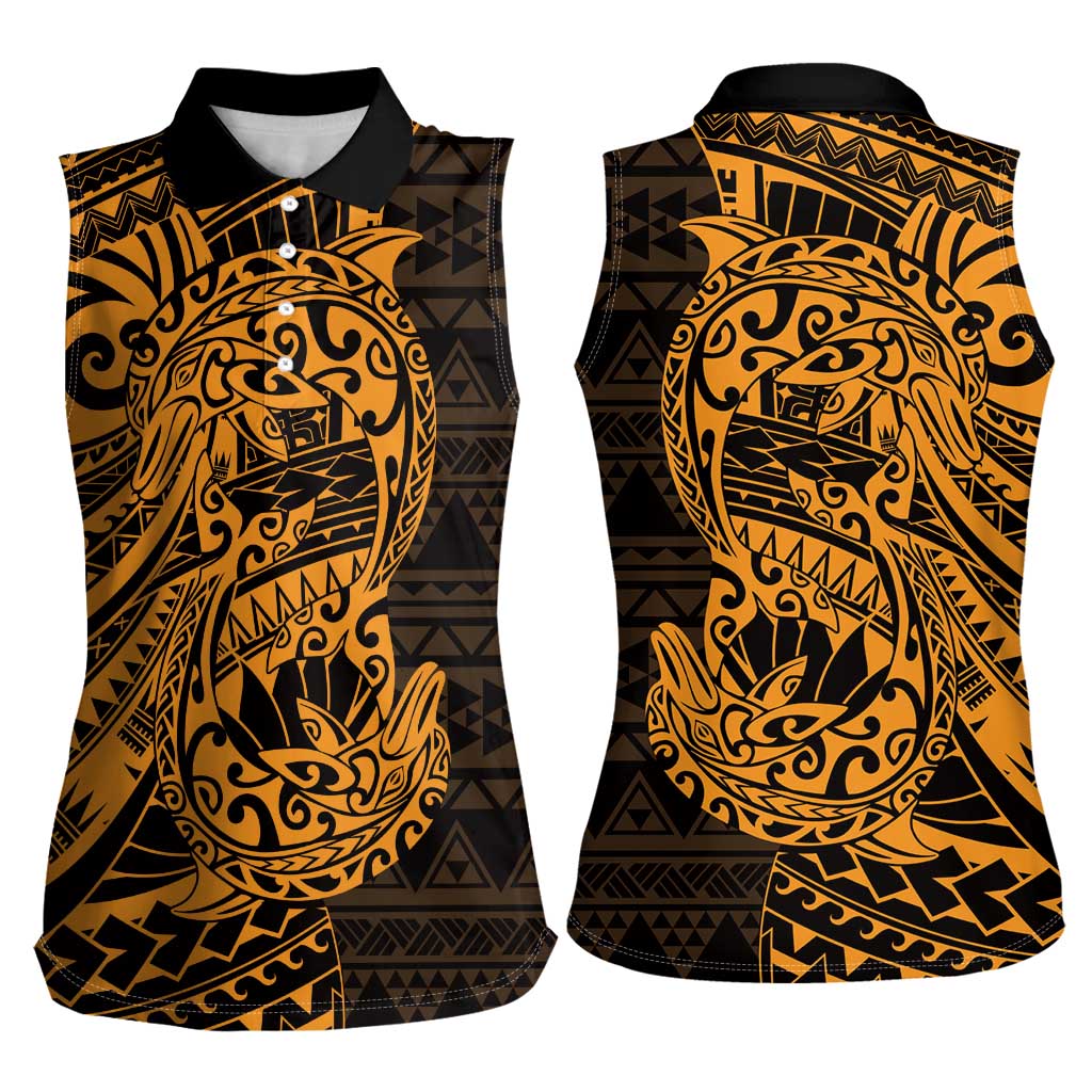 Gold Couple Dolphins Maori Polynesian Style Women Sleeveless Polo Shirt