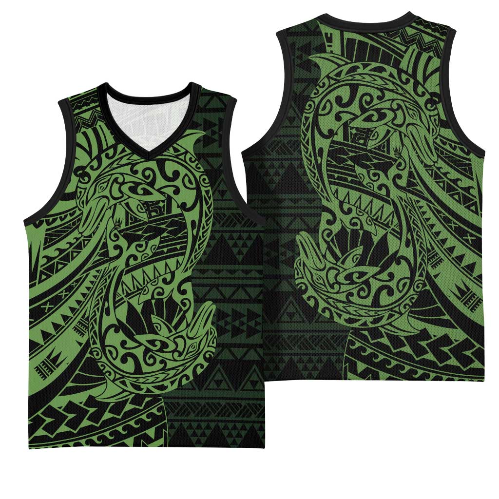Green Couple Dolphins Maori Polynesian Style Basketball Jersey - Polynesian Pride