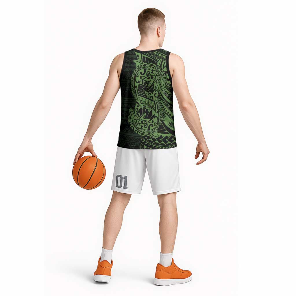 Green Couple Dolphins Maori Polynesian Style Basketball Jersey - Polynesian Pride