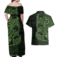 Green Couple Dolphins Maori Polynesian Style Couples Matching Off Shoulder Maxi Dress and Hawaiian Shirt