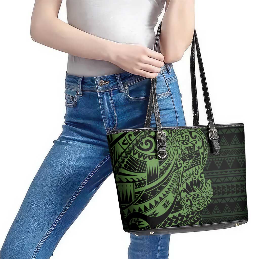 Green Couple Dolphins Maori Polynesian Style Leather Tote Bag