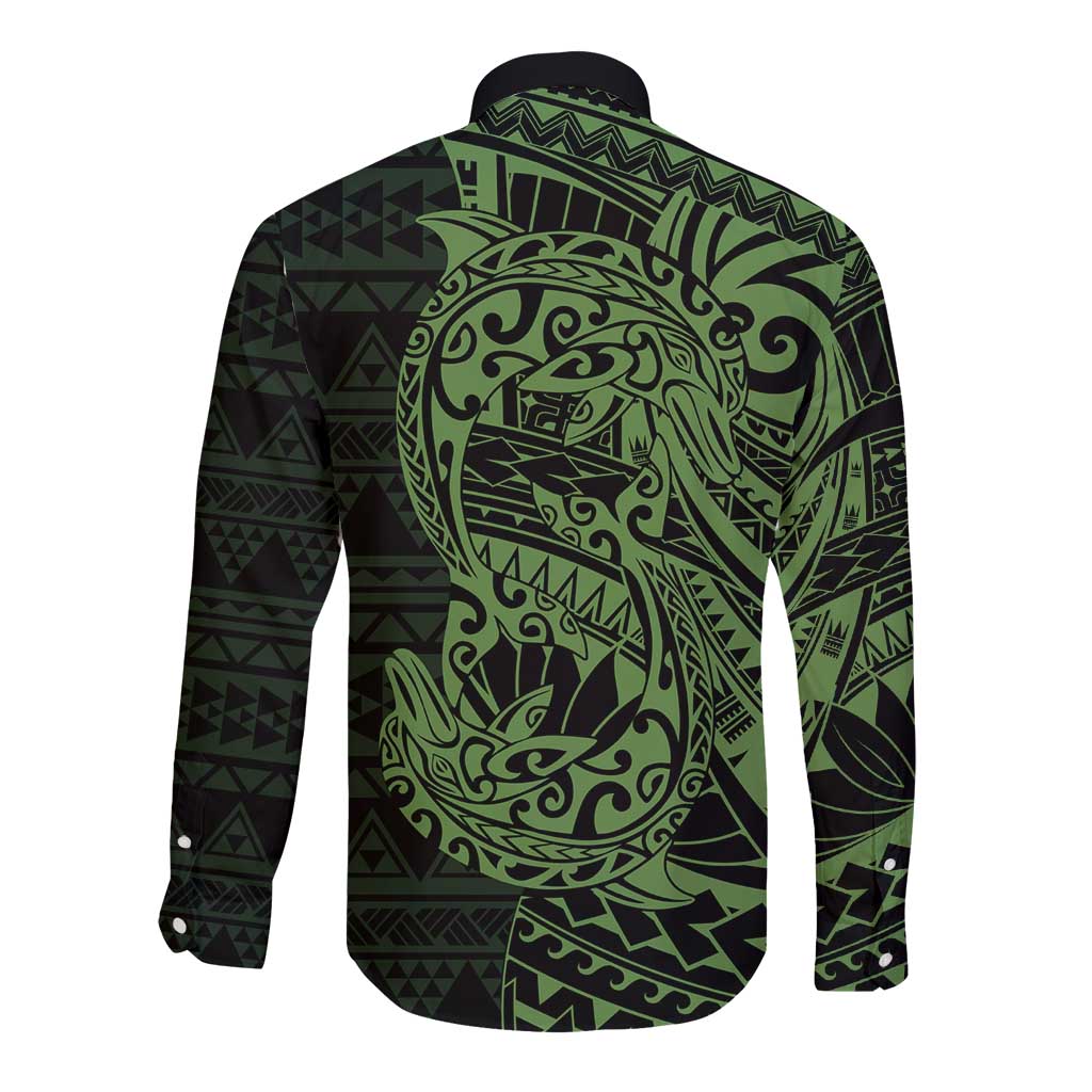 Green Couple Dolphins Maori Polynesian Style Long Sleeve Button Shirt