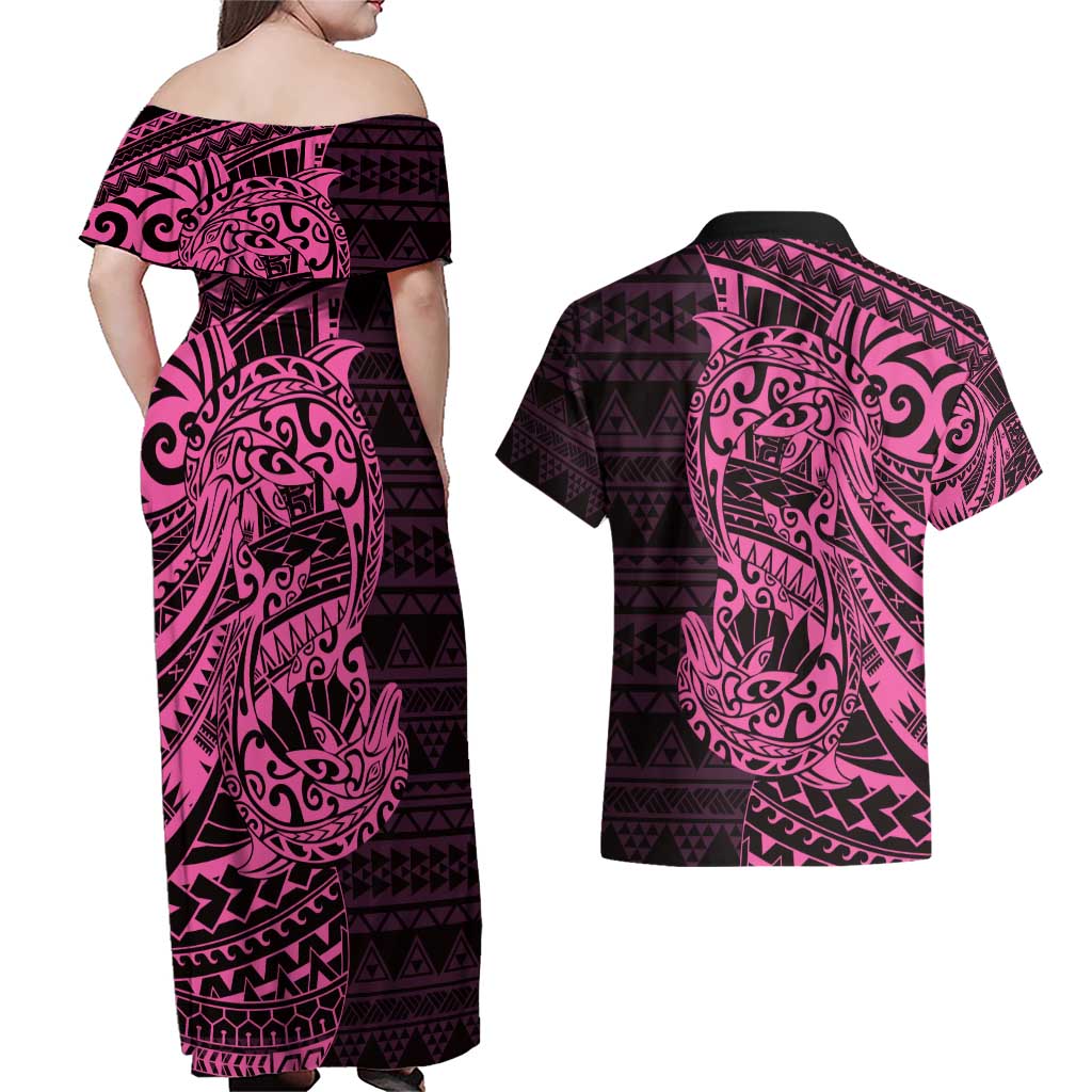 Pink Couple Dolphins Maori Polynesian Style Couples Matching Off Shoulder Maxi Dress and Hawaiian Shirt