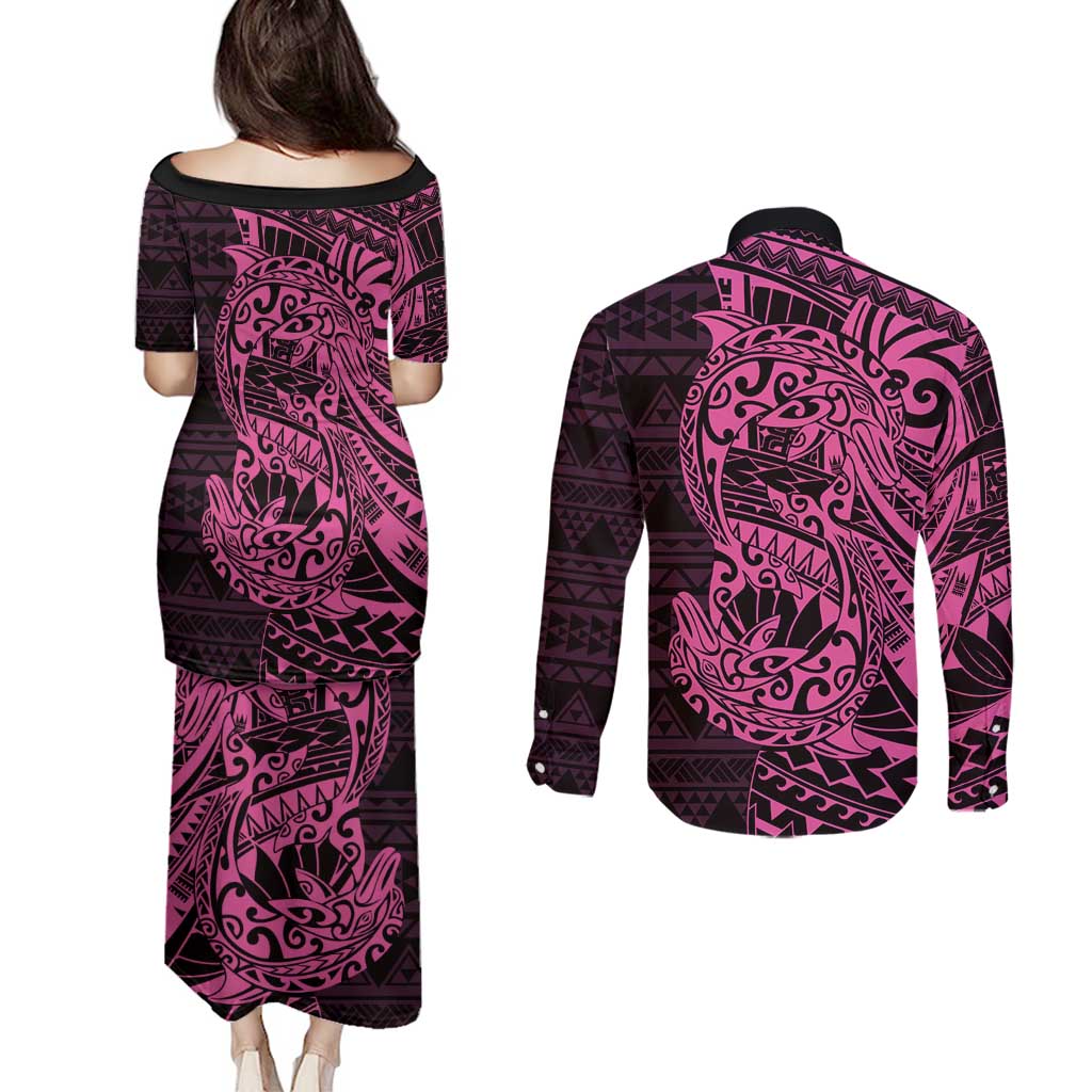 Pink Couple Dolphins Maori Polynesian Style Couples Matching Puletasi and Long Sleeve Button Shirt