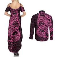 Pink Couple Dolphins Maori Polynesian Style Couples Matching Summer Maxi Dress and Long Sleeve Button Shirt LT9 - Polynesian Pride