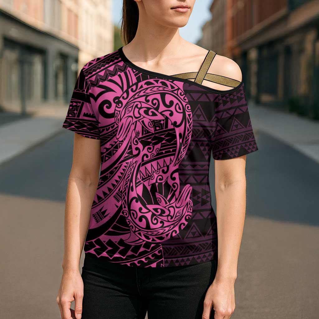 Pink Couple Dolphins Maori Polynesian Style Cross Shoulder Shirt - Polynesian Pride