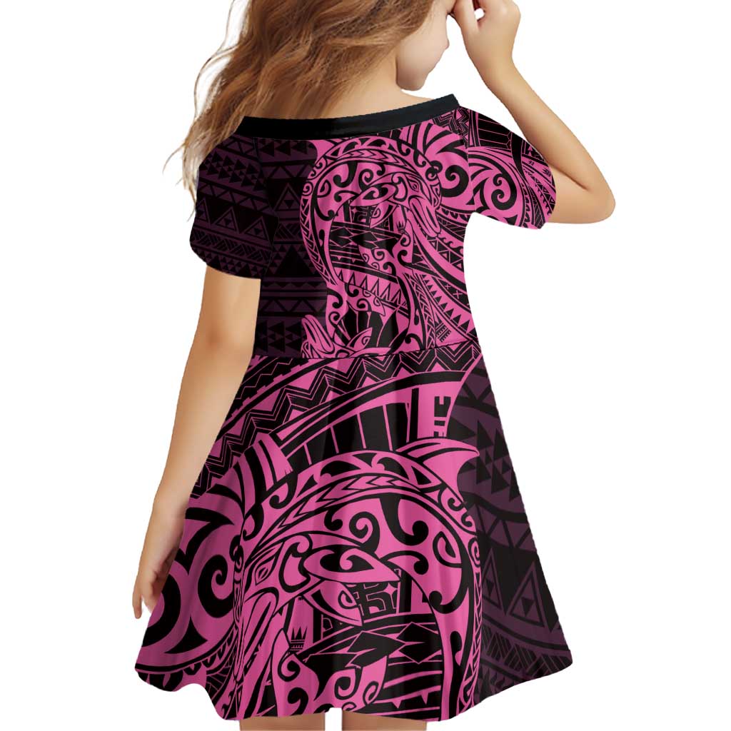 Pink Couple Dolphins Maori Polynesian Style Family Matching Off Shoulder Short Dress and Hawaiian Shirt