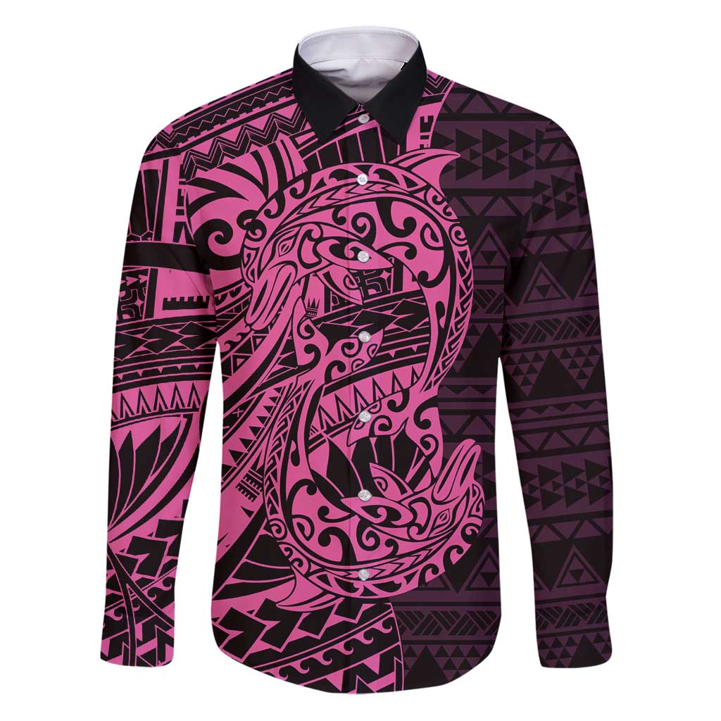 Pink Couple Dolphins Maori Polynesian Style Family Matching Puletasi and Hawaiian Shirt