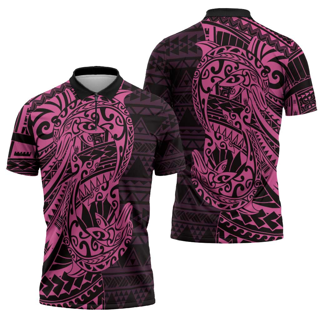Pink Couple Dolphins Maori Polynesian Style Zipper Polo Shirt - Polynesian Pride