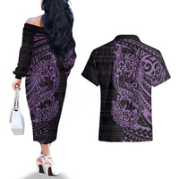 Purple Couple Dolphins Maori Polynesian Style Couples Matching Off The Shoulder Long Sleeve Dress and Hawaiian Shirt