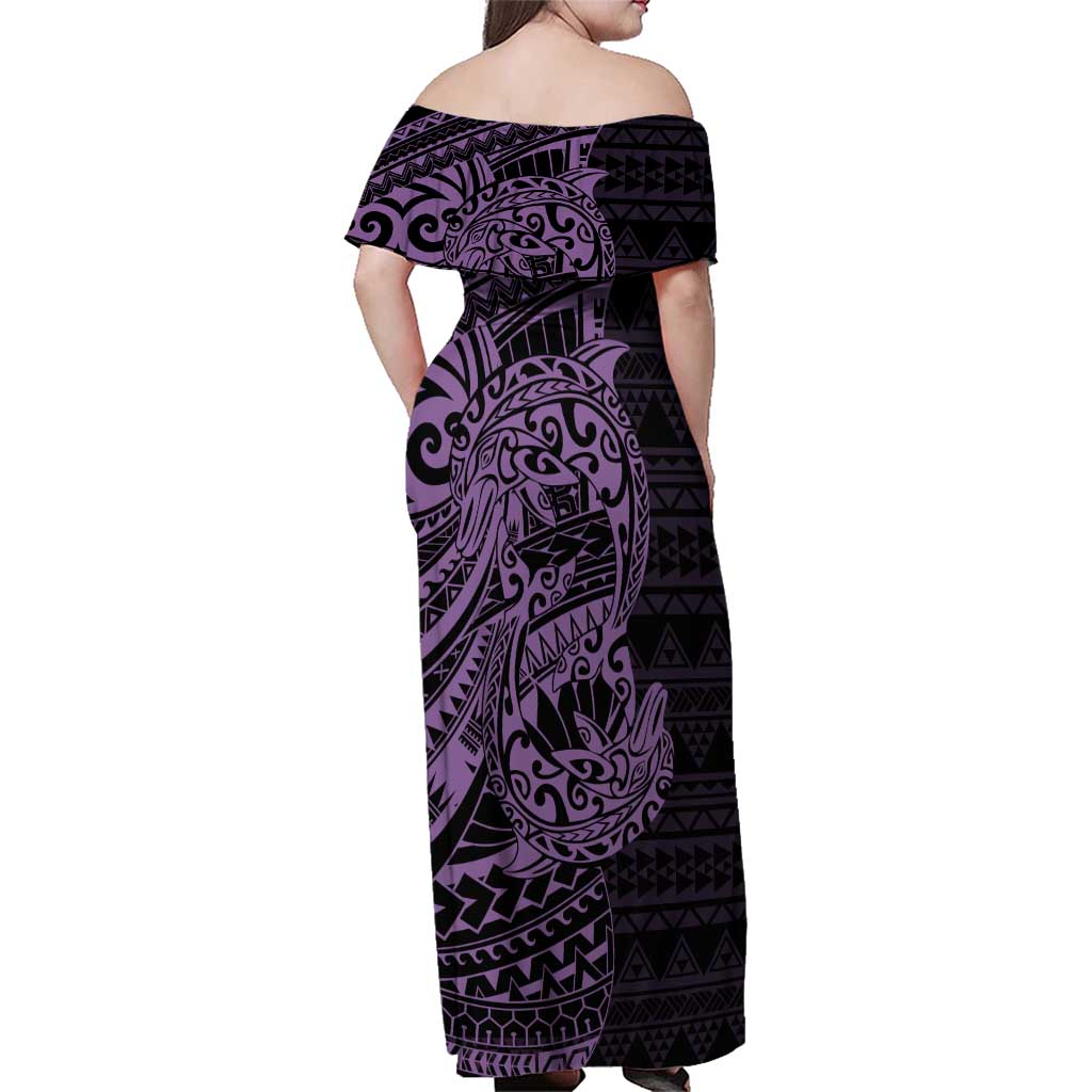 Purple Couple Dolphins Maori Polynesian Style Family Matching Off Shoulder Maxi Dress and Hawaiian Shirt