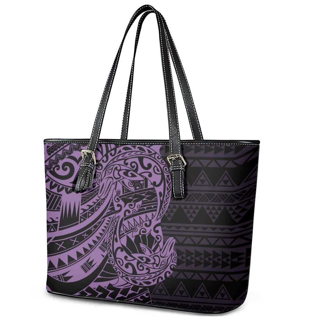 Purple Couple Dolphins Maori Polynesian Style Leather Tote Bag