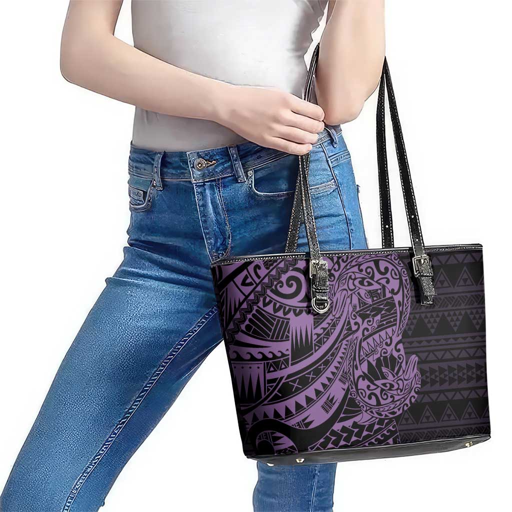 Purple Couple Dolphins Maori Polynesian Style Leather Tote Bag