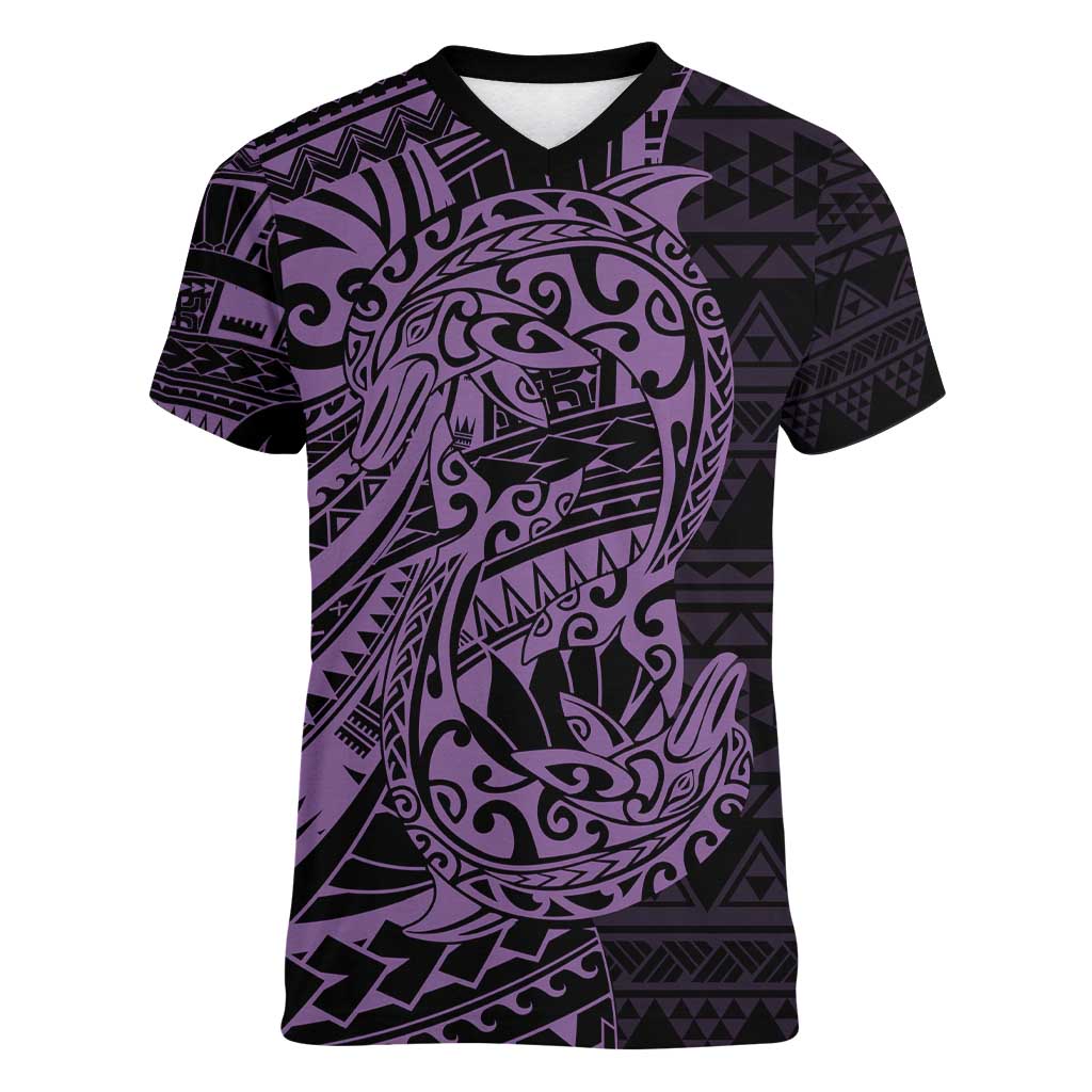 Purple Couple Dolphins Maori Polynesian Style Women V-Neck T-Shirt LT9 Female Purple - Polynesian Pride
