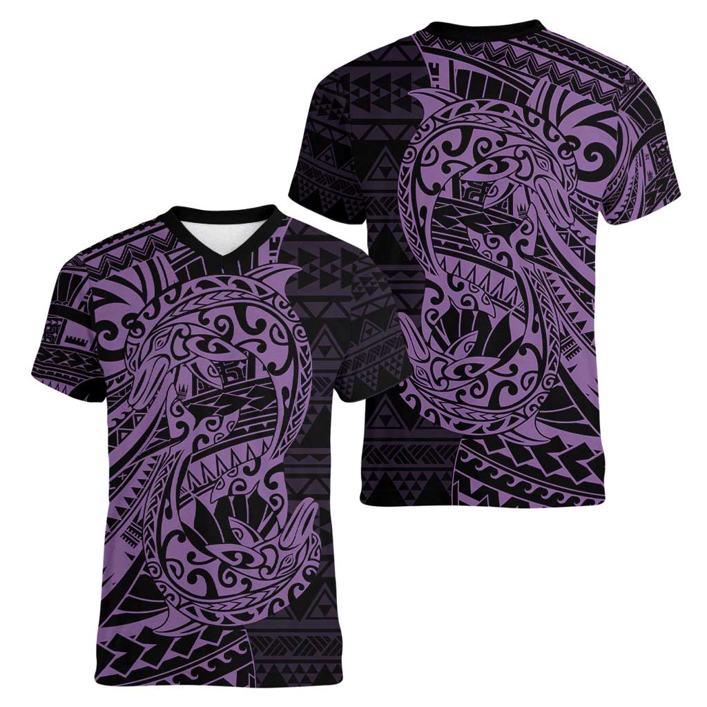 Purple Couple Dolphins Maori Polynesian Style Women V-Neck T-Shirt LT9 - Polynesian Pride