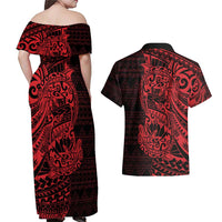 Red Couple Dolphins Maori Polynesian Style Couples Matching Off Shoulder Maxi Dress and Hawaiian Shirt