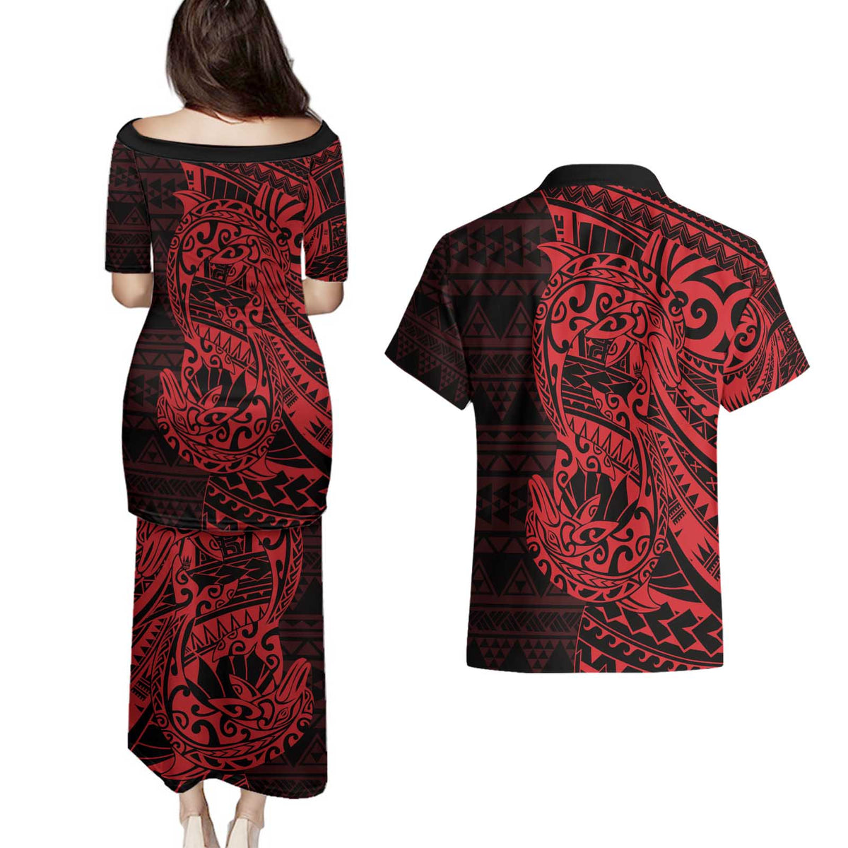 Red Couple Dolphins Maori Polynesian Style Couples Matching Puletasi and Hawaiian Shirt