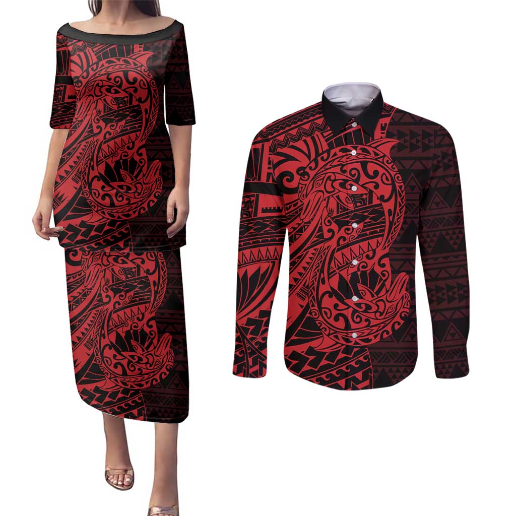 Red Couple Dolphins Maori Polynesian Style Couples Matching Puletasi and Long Sleeve Button Shirt