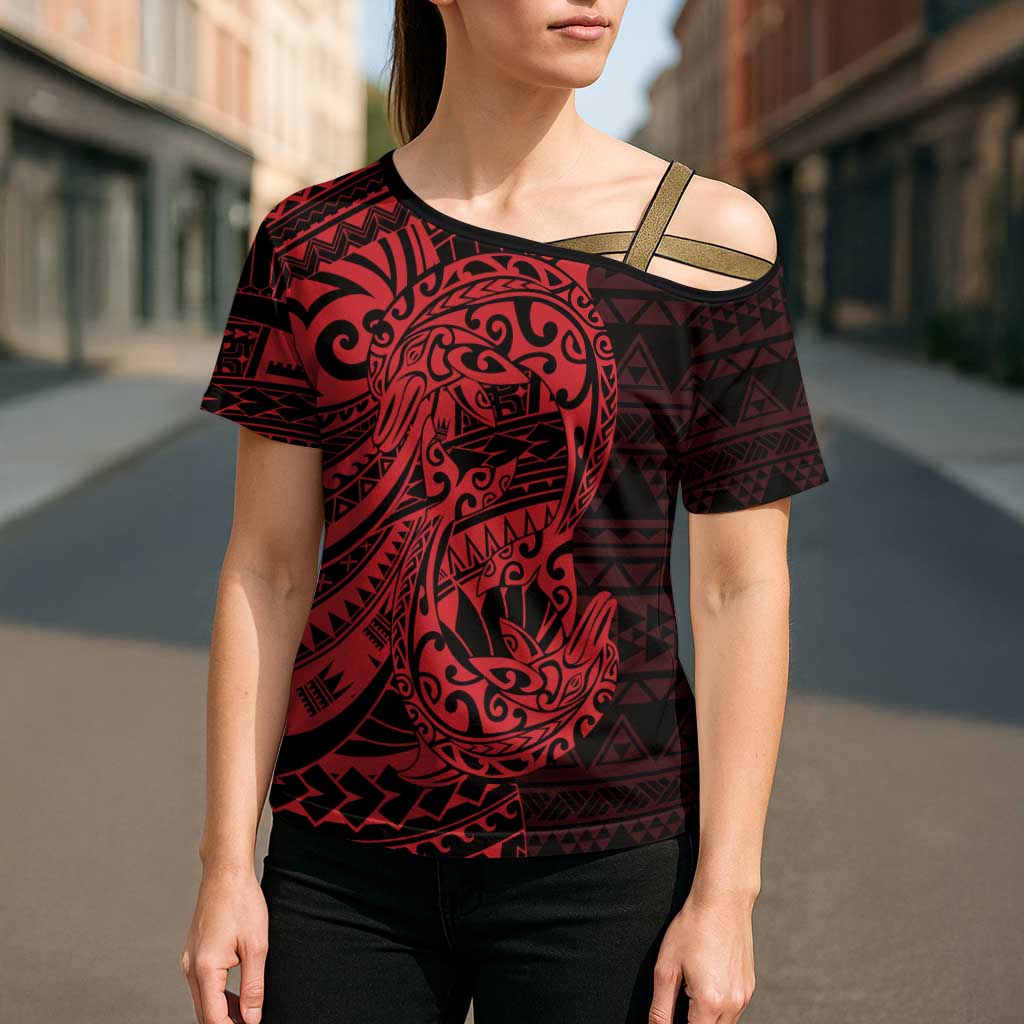 Red Couple Dolphins Maori Polynesian Style Cross Shoulder Shirt - Polynesian Pride