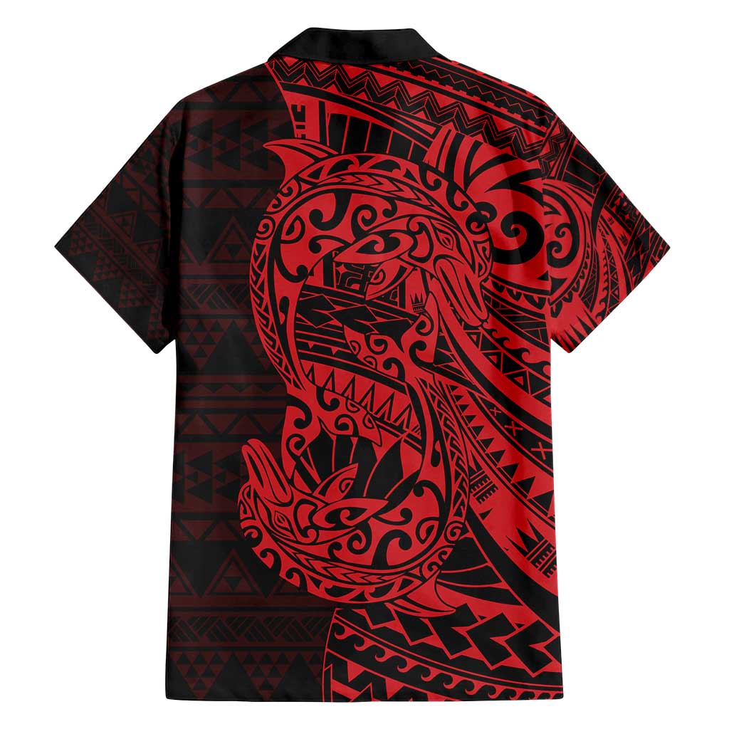 Red Couple Dolphins Maori Polynesian Style Family Matching Off Shoulder Maxi Dress and Hawaiian Shirt