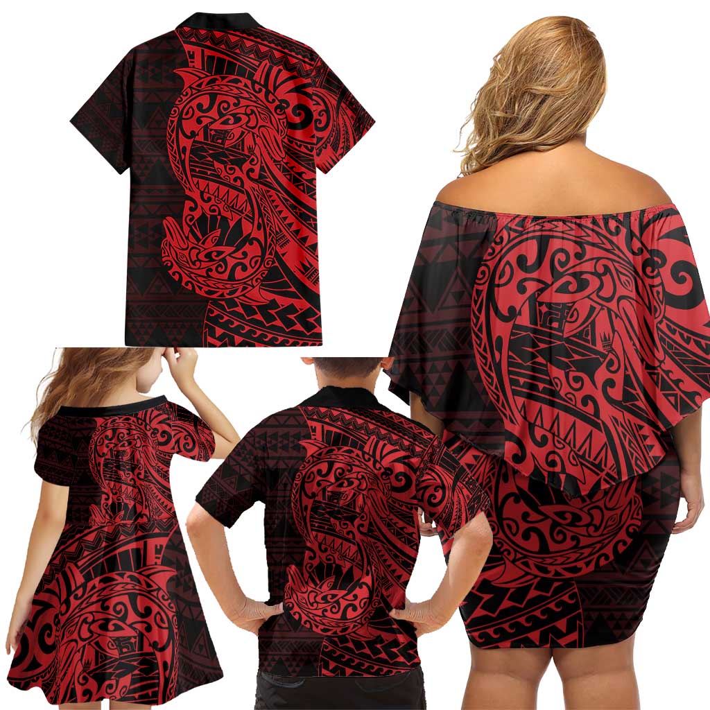 Red Couple Dolphins Maori Polynesian Style Family Matching Off Shoulder Short Dress and Hawaiian Shirt