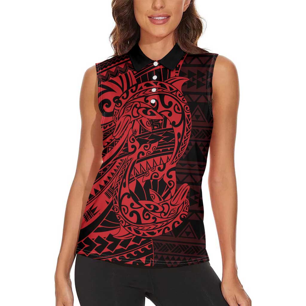 Red Couple Dolphins Maori Polynesian Style Women Sleeveless Polo Shirt