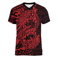 Red Couple Dolphins Maori Polynesian Style Women V-Neck T-Shirt LT9 Female Red - Polynesian Pride