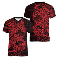 Red Couple Dolphins Maori Polynesian Style Women V-Neck T-Shirt LT9 - Polynesian Pride