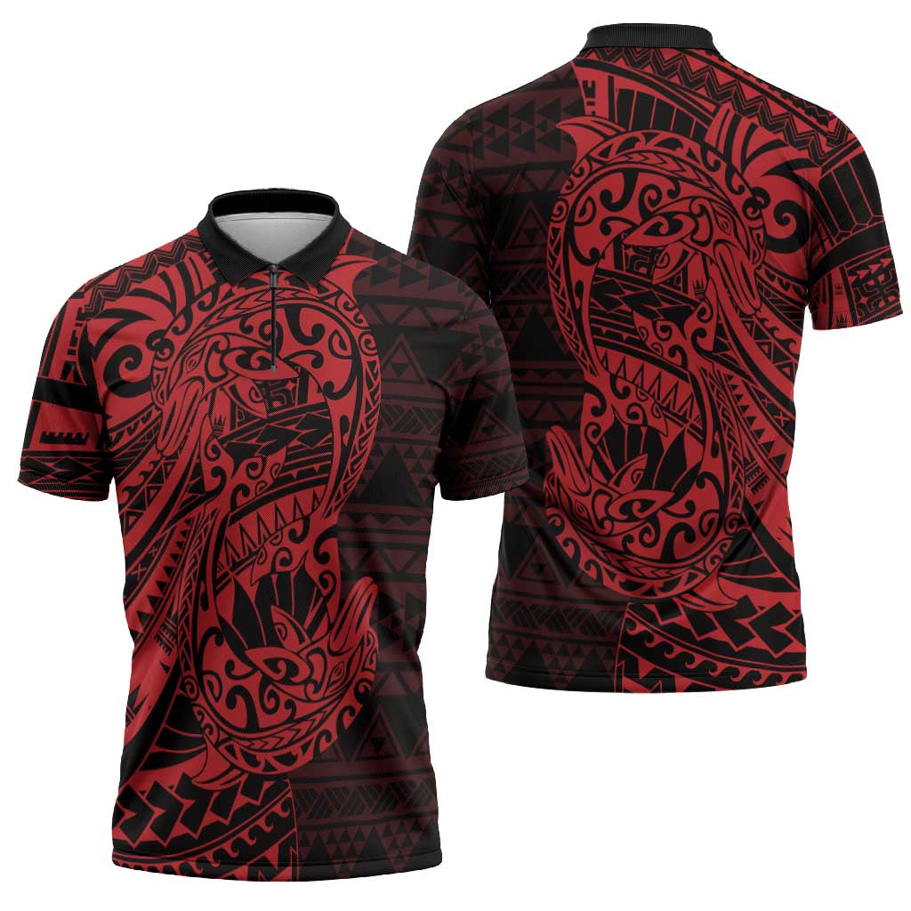 Red Couple Dolphins Maori Polynesian Style Zipper Polo Shirt - Polynesian Pride