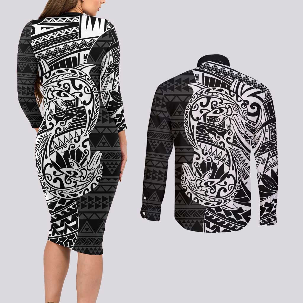 White Couple Dolphins Maori Polynesian Style Couples Matching Long Sleeve Bodycon Dress and Long Sleeve Button Shirt LT9 - Polynesian Pride