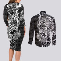 White Couple Dolphins Maori Polynesian Style Couples Matching Long Sleeve Bodycon Dress and Long Sleeve Button Shirt LT9 - Polynesian Pride