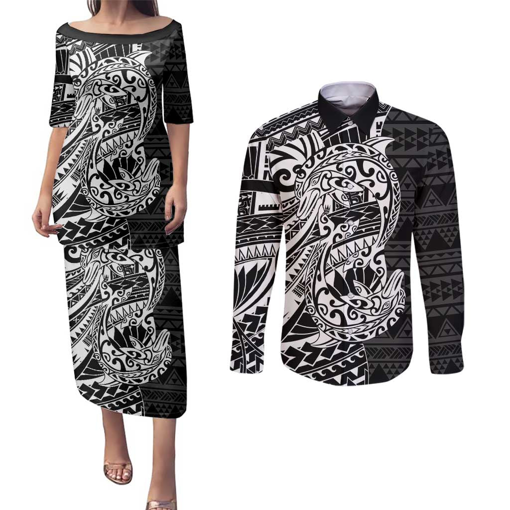 White Couple Dolphins Maori Polynesian Style Couples Matching Puletasi and Long Sleeve Button Shirt LT9 White - Polynesian Pride
