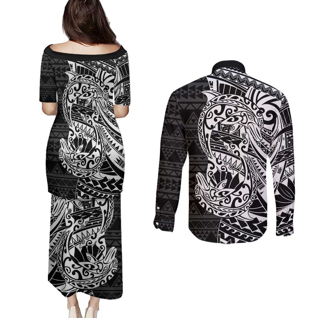 White Couple Dolphins Maori Polynesian Style Couples Matching Puletasi and Long Sleeve Button Shirt LT9 - Polynesian Pride