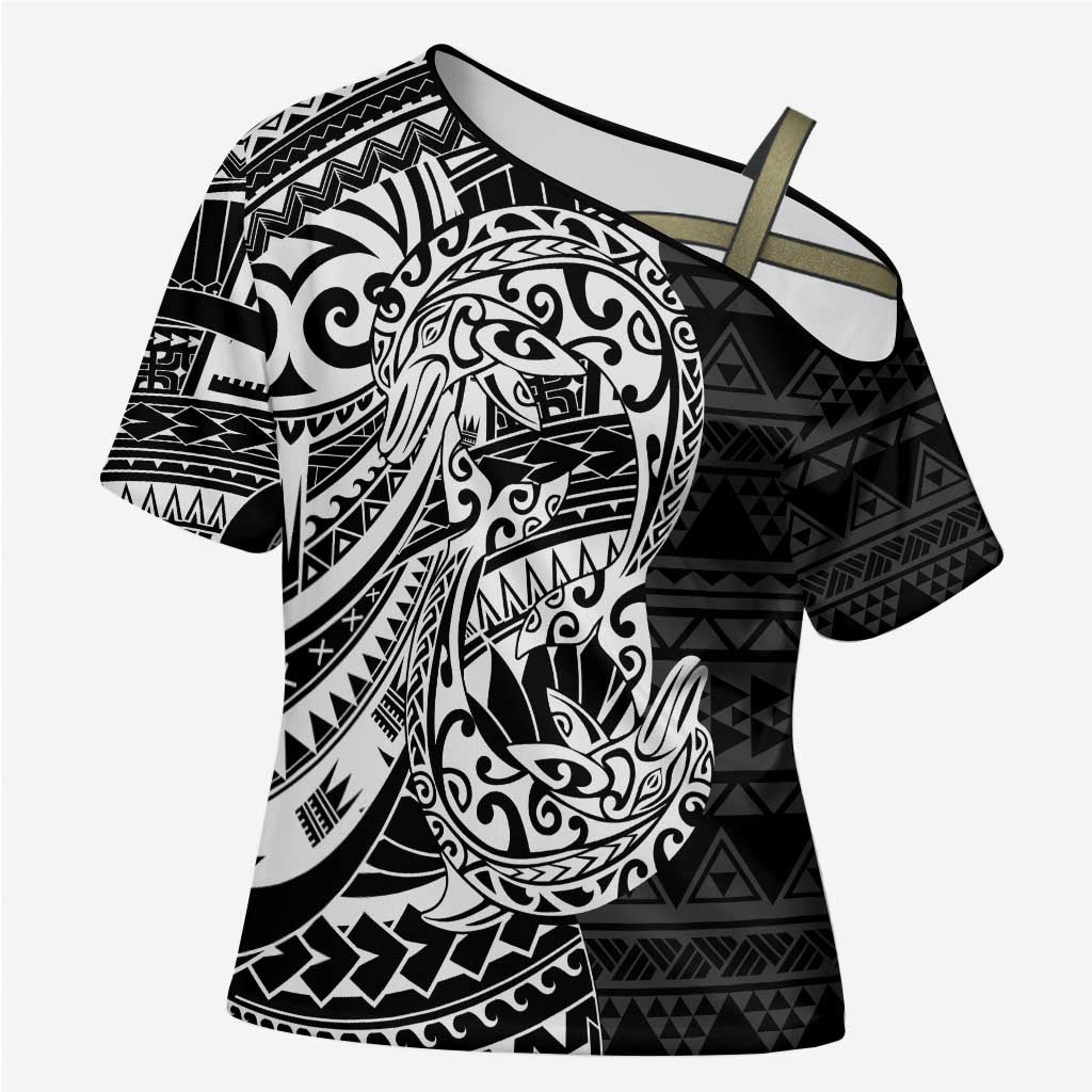 White Couple Dolphins Maori Polynesian Style Cross Shoulder Shirt - Polynesian Pride