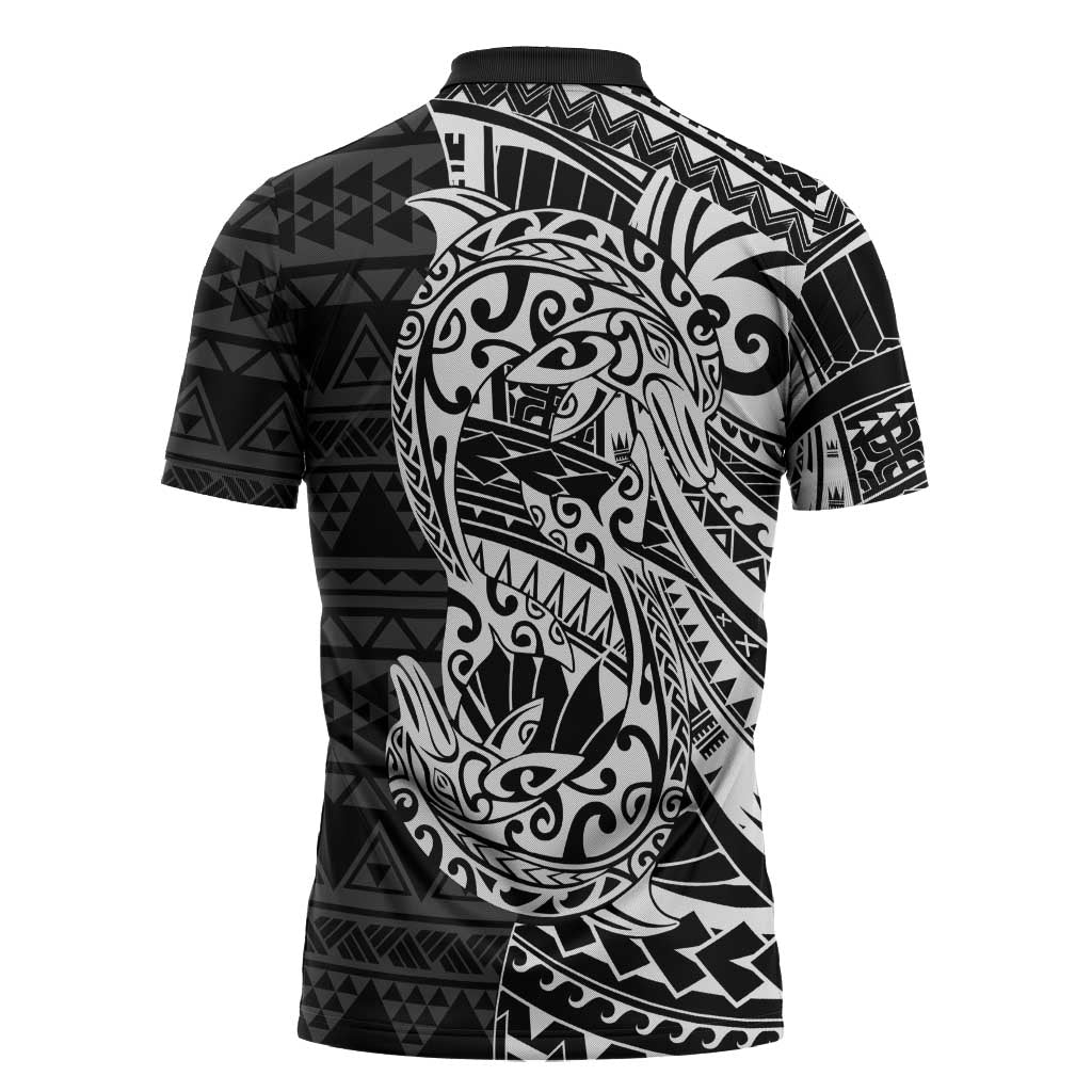 White Couple Dolphins Maori Polynesian Style Zipper Polo Shirt - Polynesian Pride