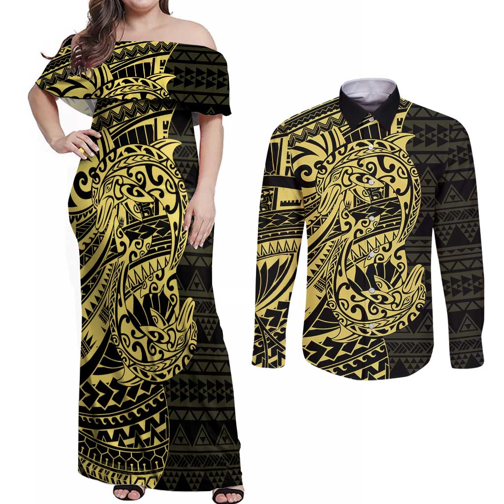 Yellow Couple Dolphins Maori Polynesian Style Couples Matching Off Shoulder Maxi Dress and Long Sleeve Button Shirt LT9 Yellow - Polynesian Pride