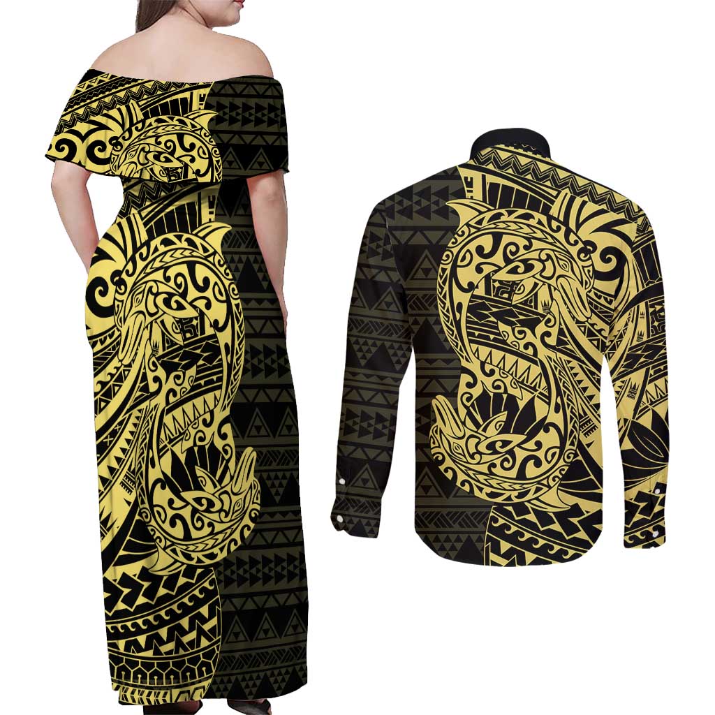Yellow Couple Dolphins Maori Polynesian Style Couples Matching Off Shoulder Maxi Dress and Long Sleeve Button Shirt LT9 - Polynesian Pride