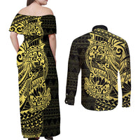 Yellow Couple Dolphins Maori Polynesian Style Couples Matching Off Shoulder Maxi Dress and Long Sleeve Button Shirt LT9 - Polynesian Pride