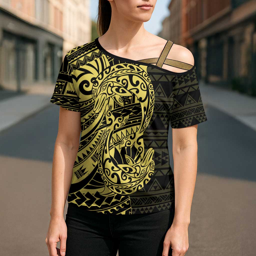 Yellow Couple Dolphins Maori Polynesian Style Cross Shoulder Shirt - Polynesian Pride