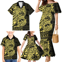 Yellow Couple Dolphins Maori Polynesian Style Family Matching Mermaid Dress and Hawaiian Shirt
