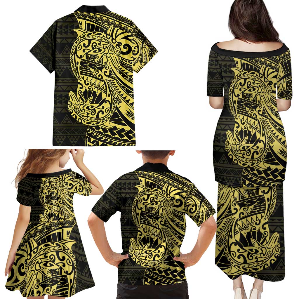 Yellow Couple Dolphins Maori Polynesian Style Family Matching Puletasi and Hawaiian Shirt