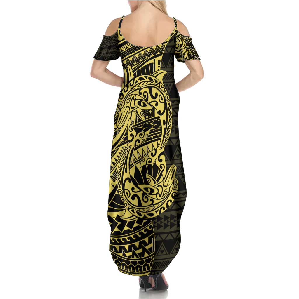 Yellow Couple Dolphins Maori Polynesian Style Family Matching Summer Maxi Dress and Hawaiian Shirt