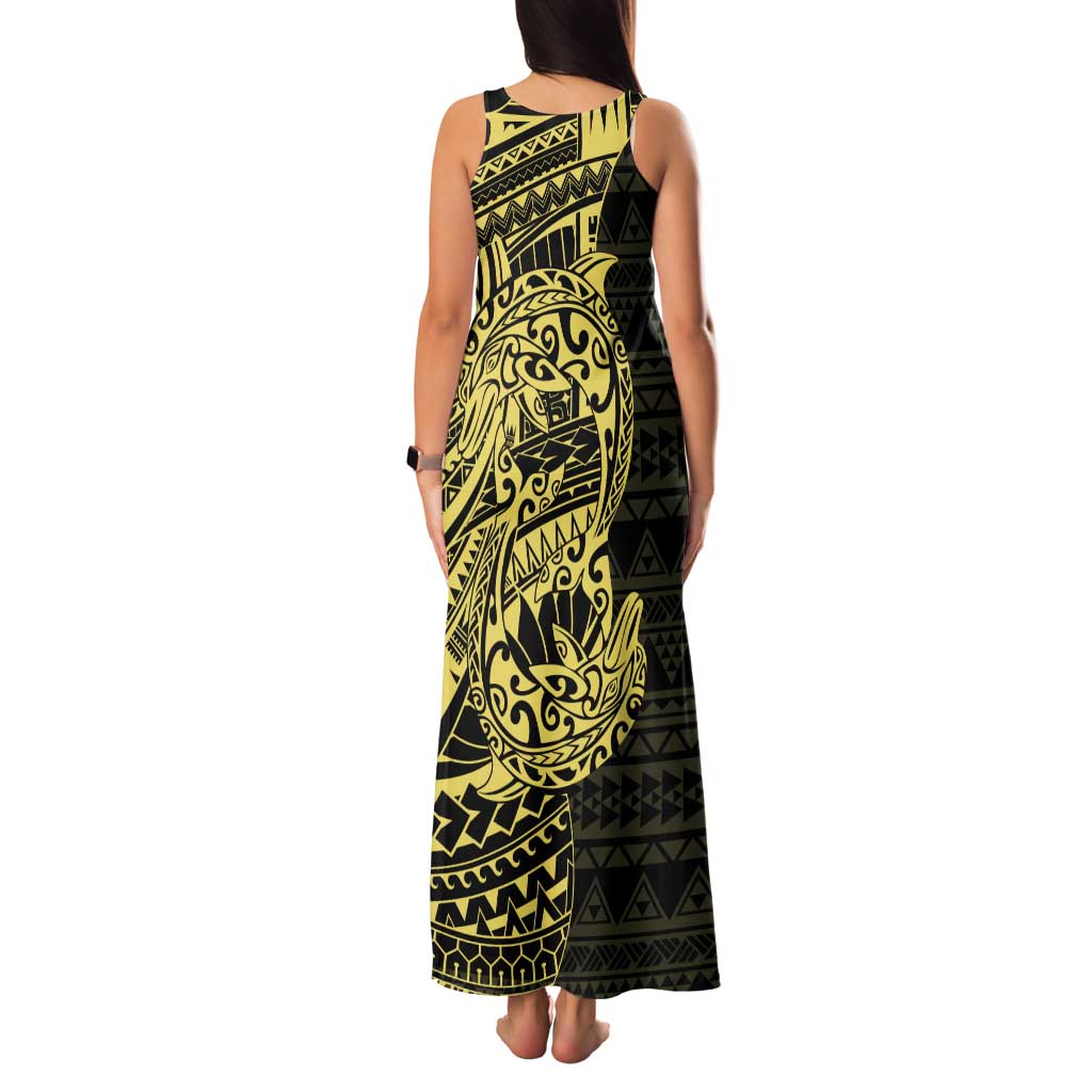 Yellow Couple Dolphins Maori Polynesian Style Family Matching Tank Maxi Dress and Hawaiian Shirt