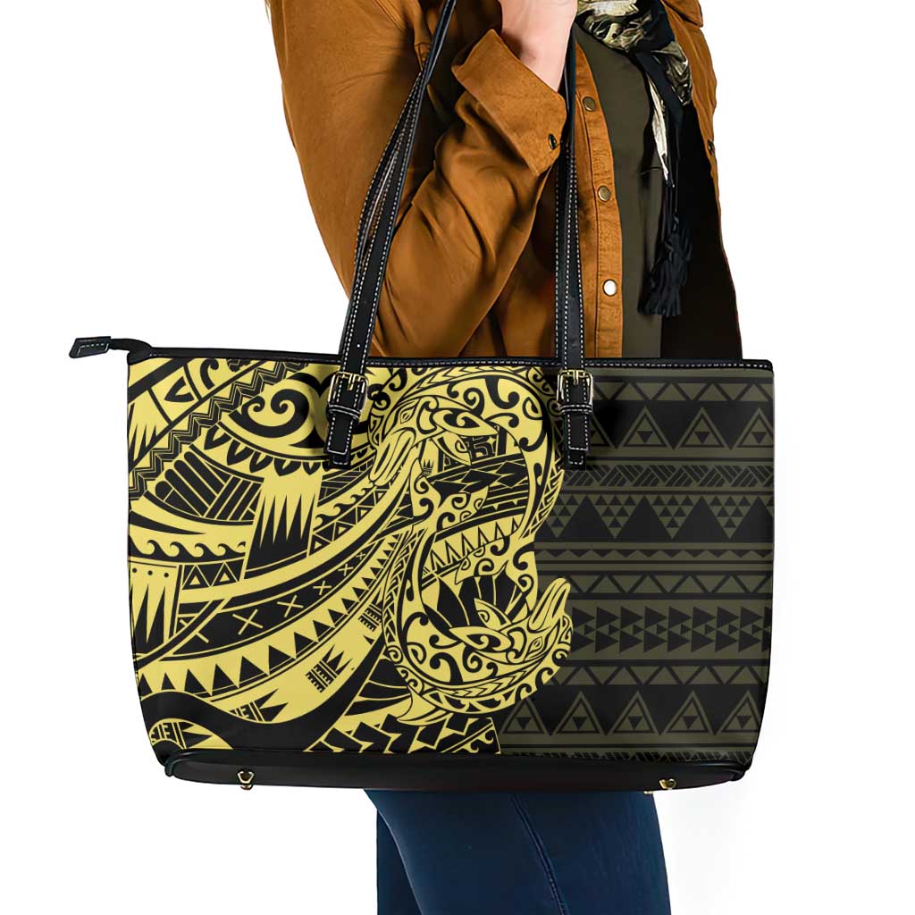 Yellow Couple Dolphins Maori Polynesian Style Leather Tote Bag