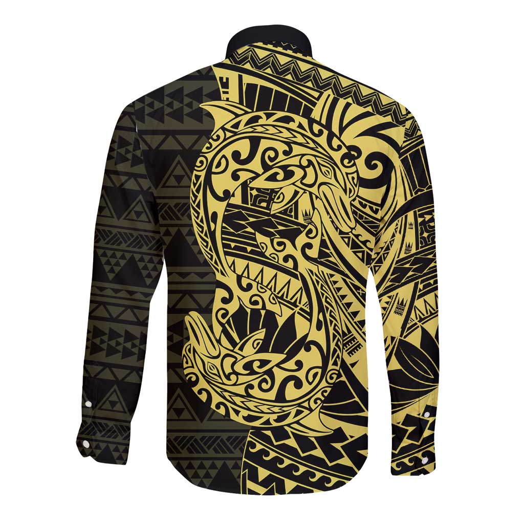 Yellow Couple Dolphins Maori Polynesian Style Long Sleeve Button Shirt