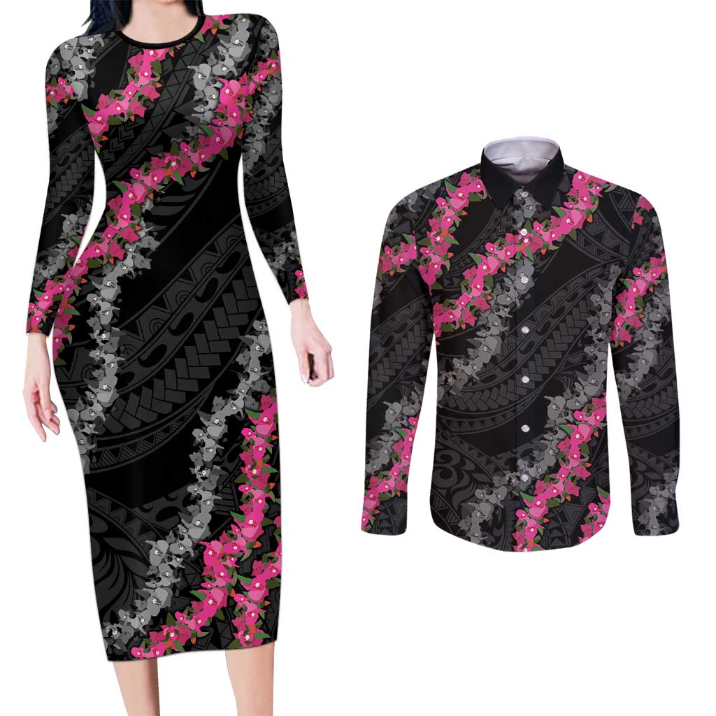 Guam Bougainvillea Lei Couples Matching Long Sleeve Bodycon Dress and Long Sleeve Button Shirt Chamorro Tribal Pattern
