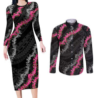 Guam Bougainvillea Lei Couples Matching Long Sleeve Bodycon Dress and Long Sleeve Button Shirt Chamorro Tribal Pattern