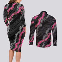 Guam Bougainvillea Lei Couples Matching Long Sleeve Bodycon Dress and Long Sleeve Button Shirt Chamorro Tribal Pattern