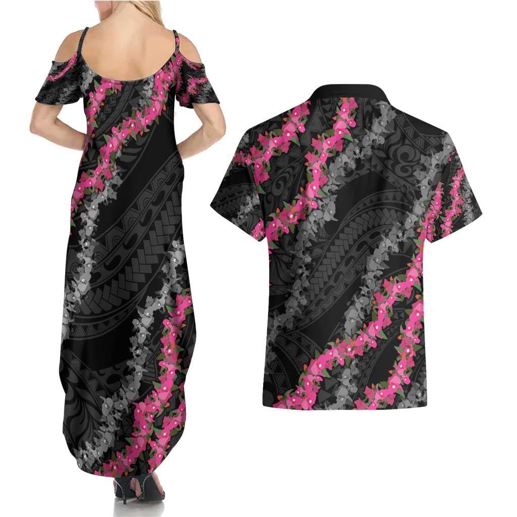 Guam Bougainvillea Lei Couples Matching Summer Maxi Dress and Hawaiian Shirt Chamorro Tribal Pattern
