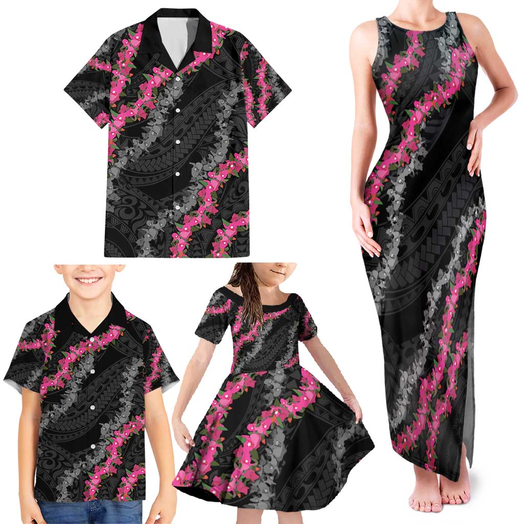Guam Bougainvillea Lei Family Matching Tank Maxi Dress and Hawaiian Shirt Chamorro Tribal Pattern